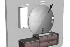 Planungsansicht von Koje 1 mit 70 und 95 cm breiten Unterschränken, Spiegel und Oberschrank